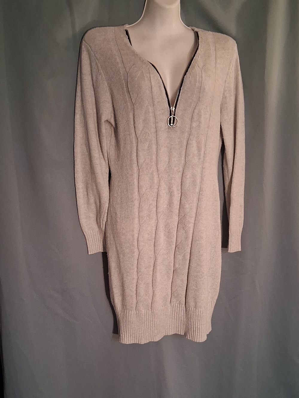 Women's Cable Knit Half-Zip Sweater Dress - Light Beige